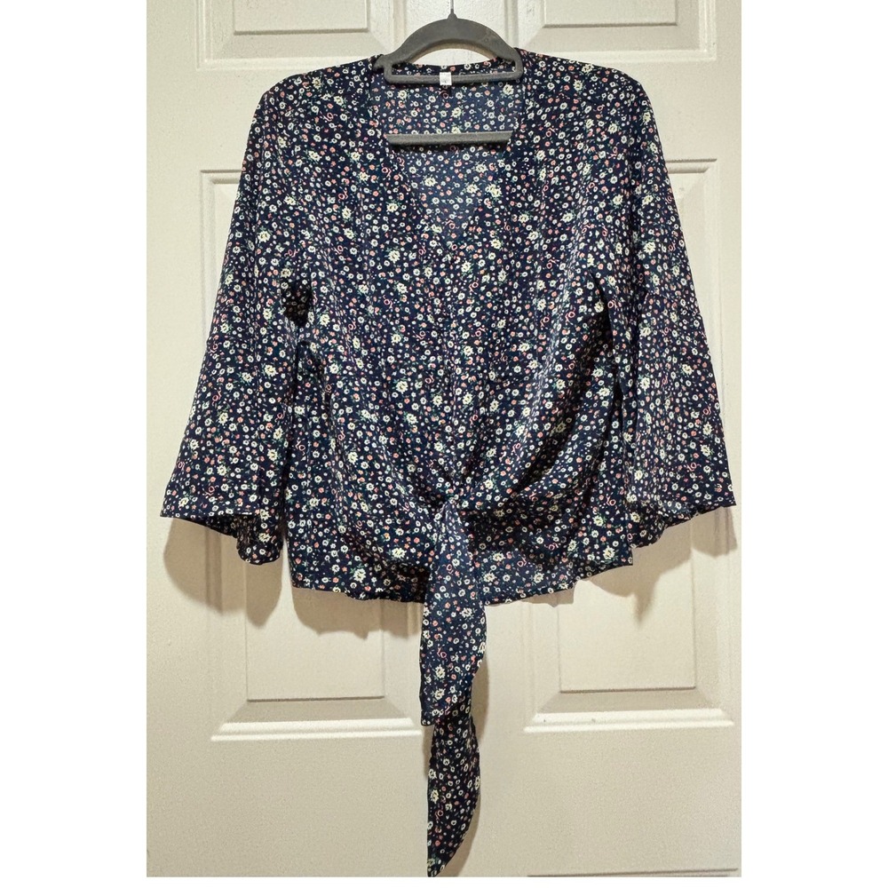 Navy Blue Floral Tie Front Blouse Flowy 3/4 Sleeve V-Neck Crop Top Large